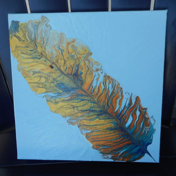 Acrylic Flow Painting, Golden Feather on Canvas - Picture 1 of 8